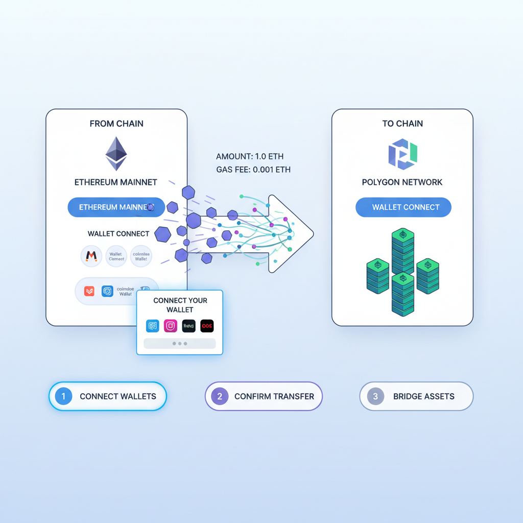 ETH bridging interface with wallet connect, flowing tokens across chains, dynamic animation