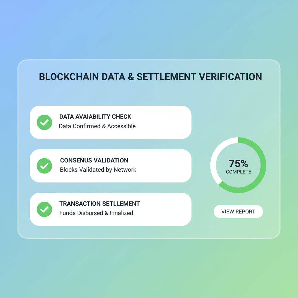 verification dashboard checking blockchain data availability and settlement, checkmarks