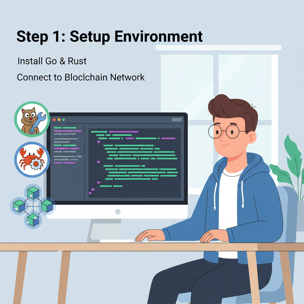 developer setting up terminal with Go Rust icons, blockchain nodes connecting