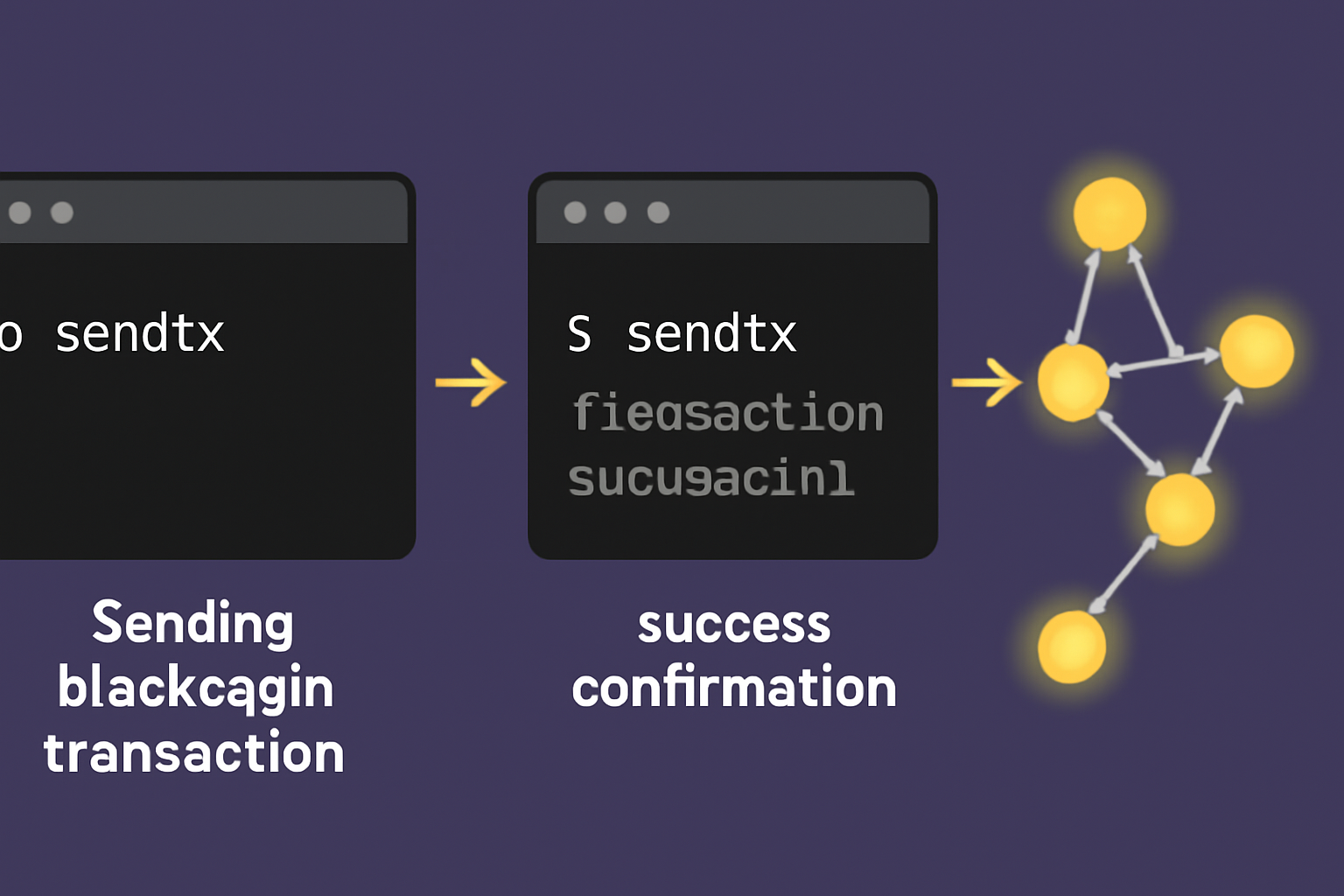 sending blockchain transaction in CLI, success confirmation, glowing network nodes