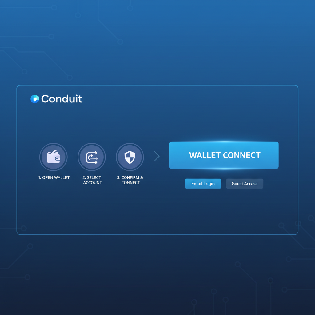sleek Conduit dashboard login screen, futuristic blue UI, wallet connect button highlighted