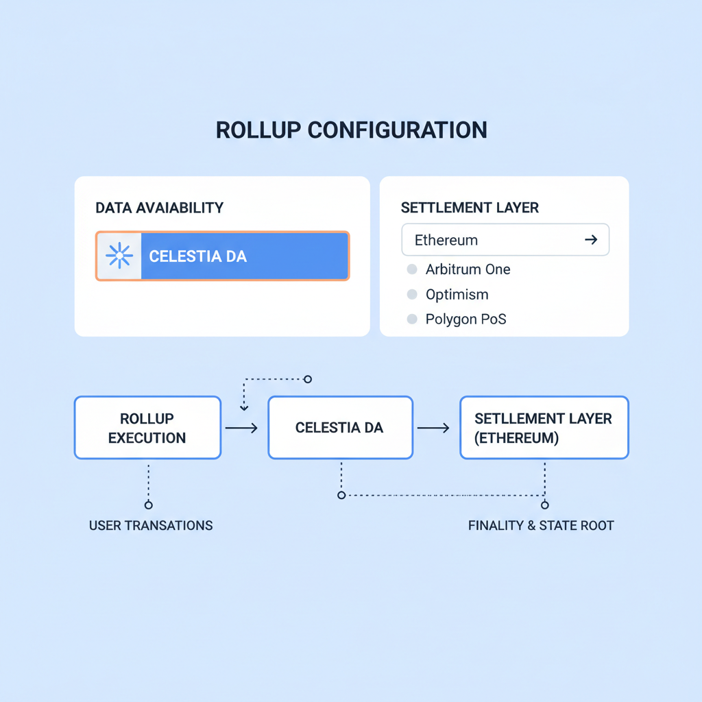 rollup config panel with Celestia DA selected, settlement options dropdown, data flow diagram