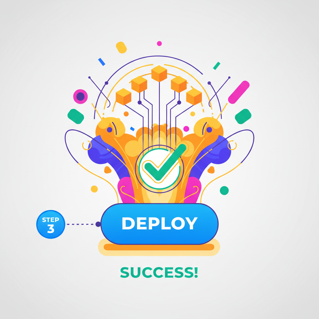 big deploy button pressed, success animation with blockchain launching, explosive colors