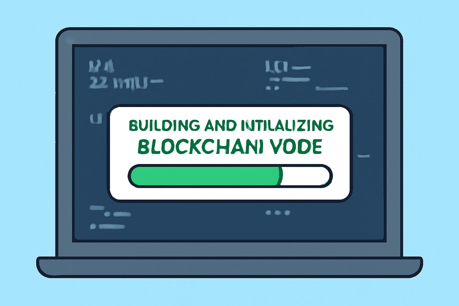 A progress bar filling up on a computer screen, representing building and initializing a blockchain node, with code snippets in the background.