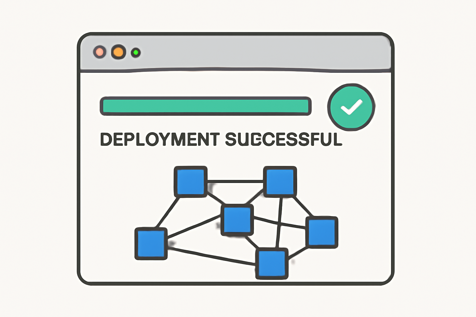 A progress bar completing on a dashboard, with a 'Deployment Successful' message and a blockchain network visual.