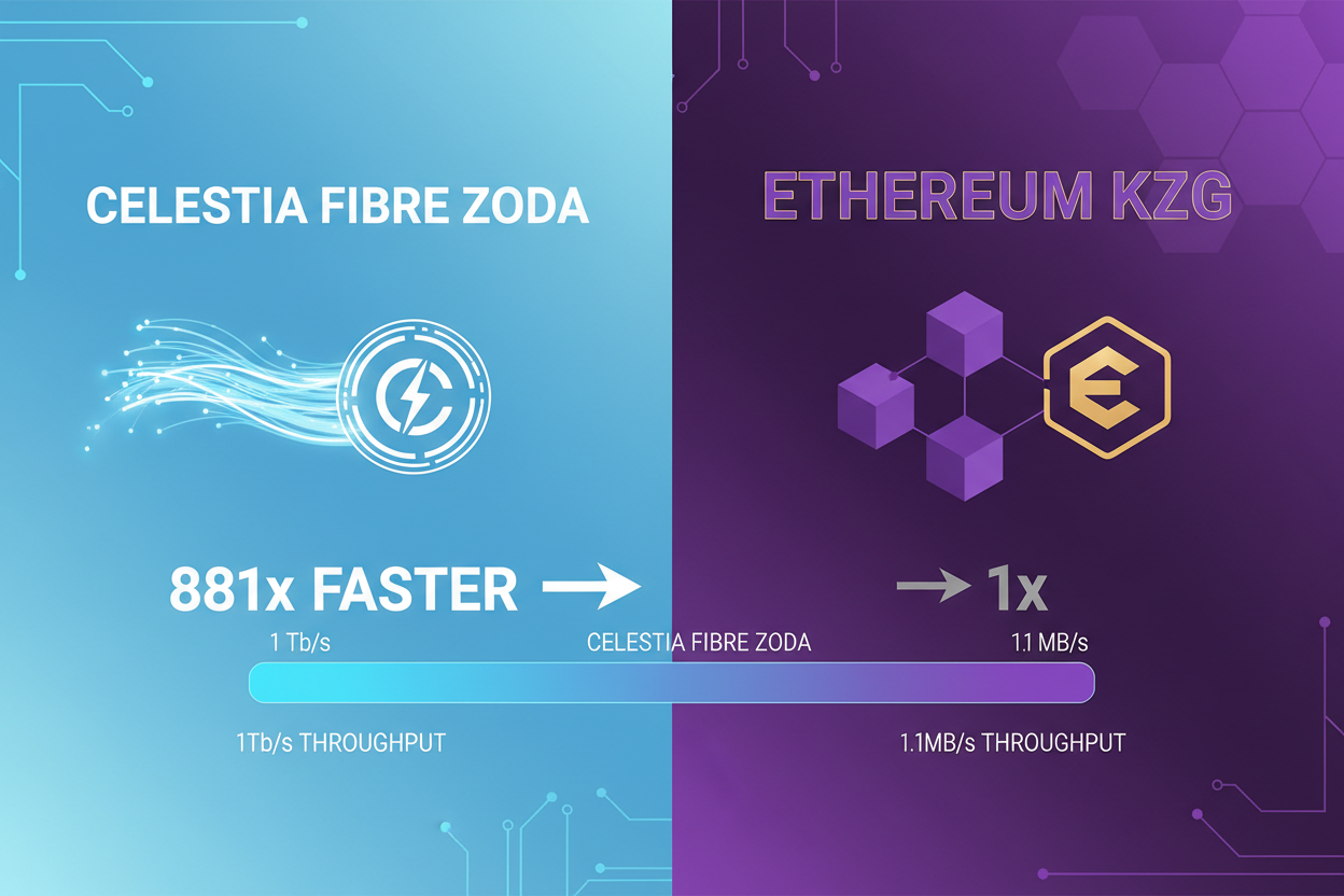 Infographic comparing Celestia Fibre ZODA encoding 881x faster than Ethereum KZG with 1Tb/s throughput charts
