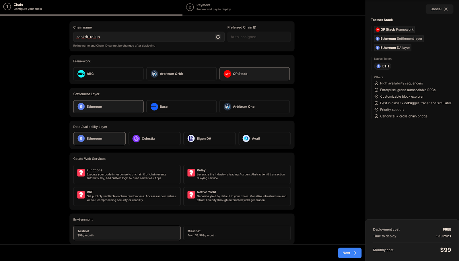 Screenshot of Conduit dashboard showing OP Stack rollup deployment interface with configuration options for scalable rollups