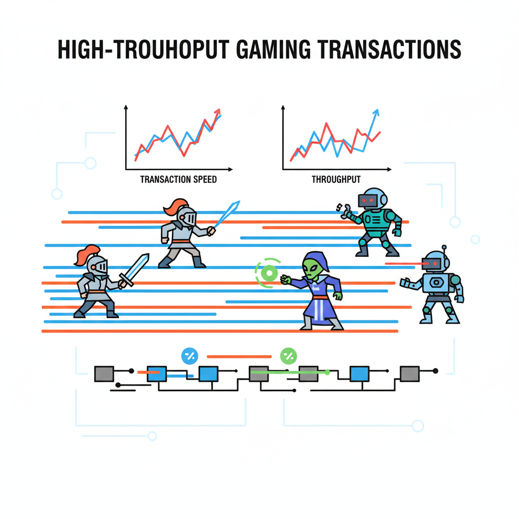 high-throughput gaming transactions on blockchain, speed lines, player avatars battling, performance graphs spiking