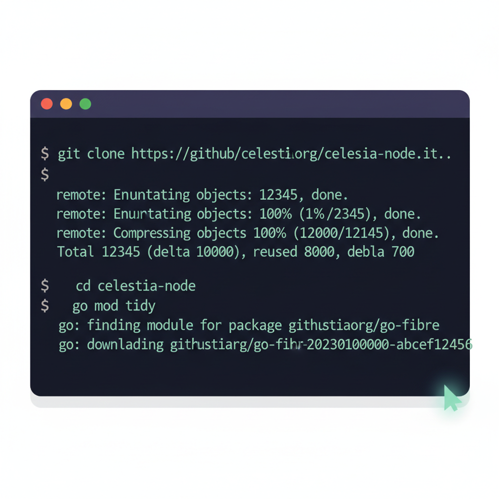 terminal cloning celestia fibre git repo, go mod tidy command, dark theme code screen