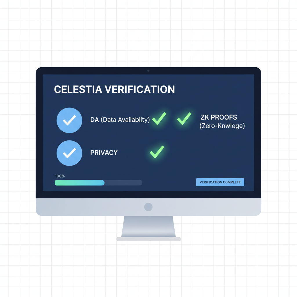 verification dashboard showing green checks for DA, privacy, and ZK proofs on Celestia