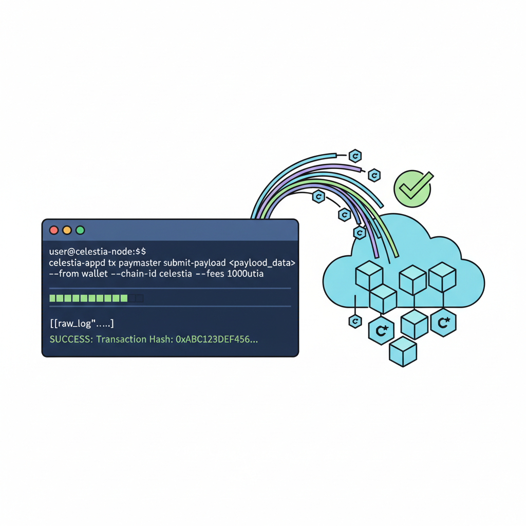 CLI terminal submitting blockchain payloads to celestia fibre, success tx hash