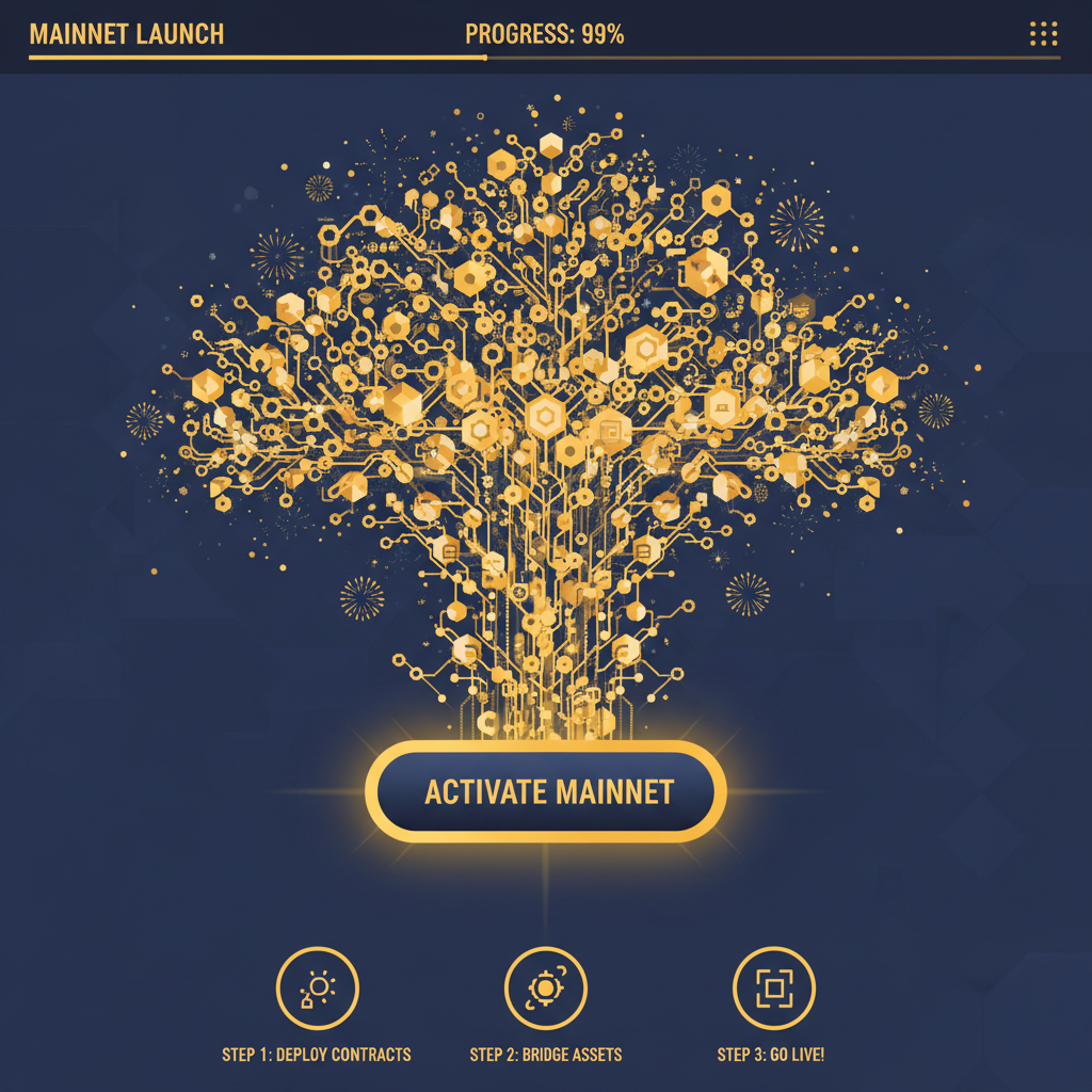 mainnet launch activation dashboard, fireworks explosion of blockchain links, gold tones
